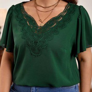 SHEIN Frenchy Plus Guipure Lace Panel Butterfly Sleeve Blouse Dark Green V neck